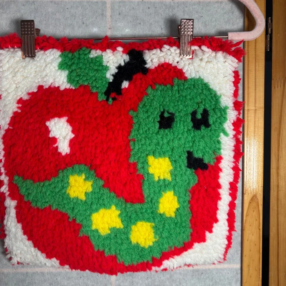 Vintage Latch Hook Wall Hanging Apple Worm‎ Green Red Yellow Kids Decor Pillow